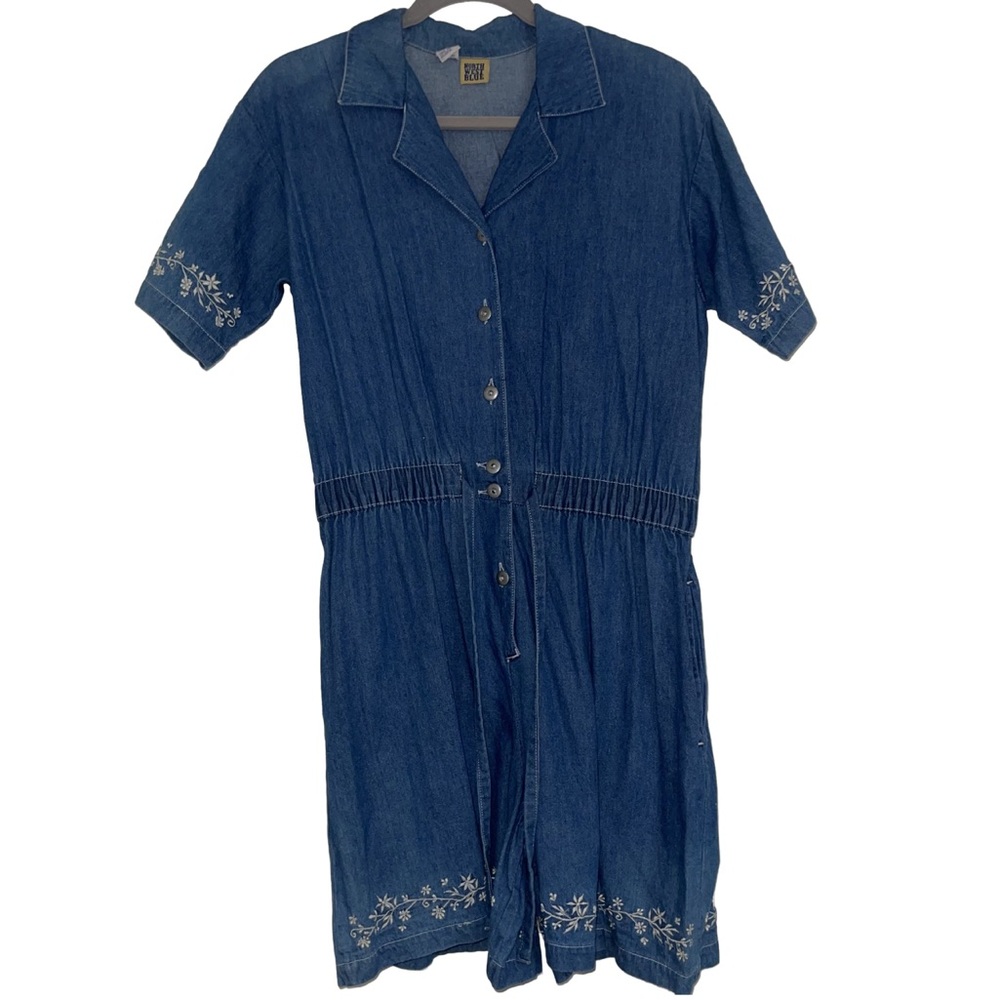 Vintage Romper Chambray  Women Small‎ Blue Floral Denim Embroidered Pocket Denim
